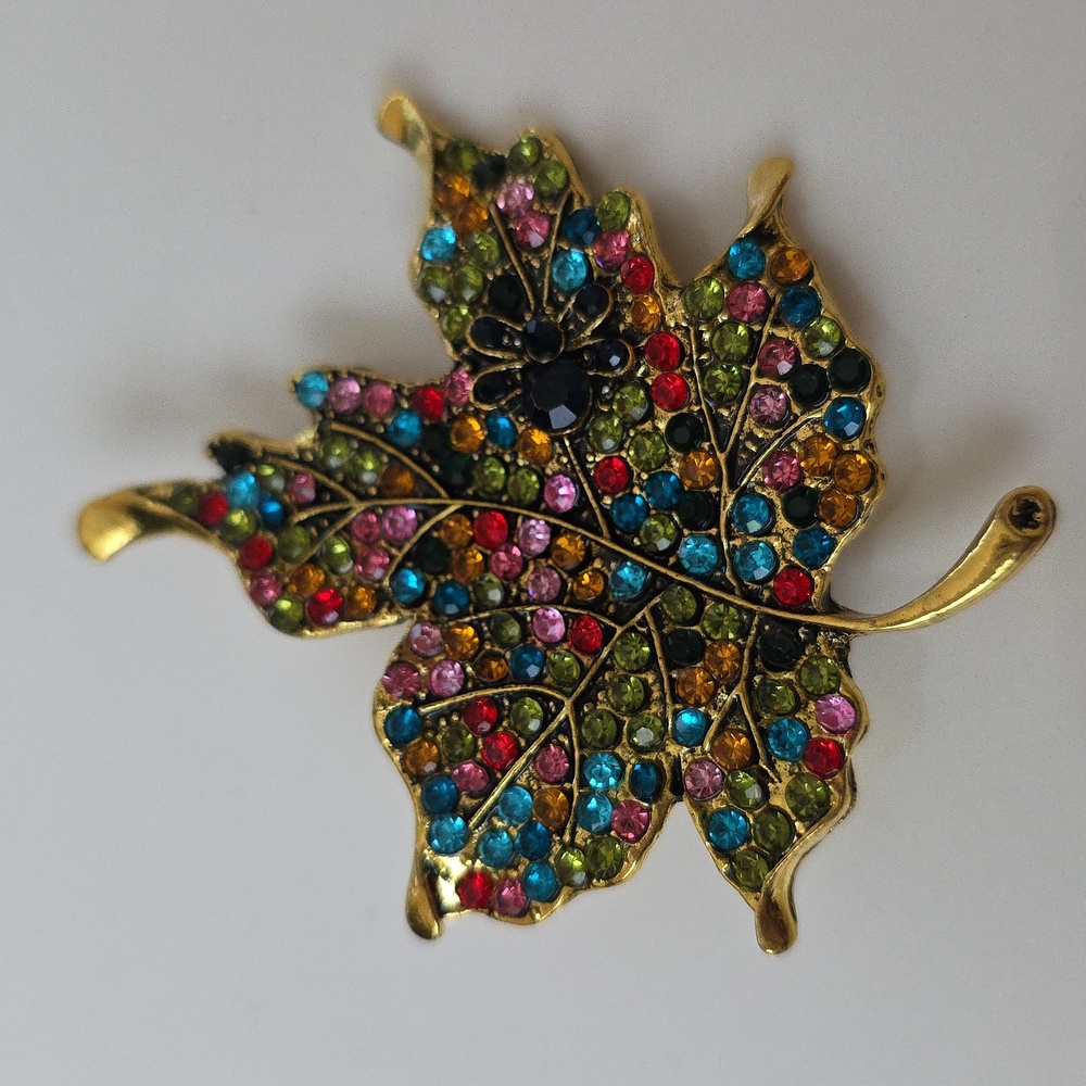Maple Leaf Fall Brooch Loaded with Simulated Rubies GEMS/Bee